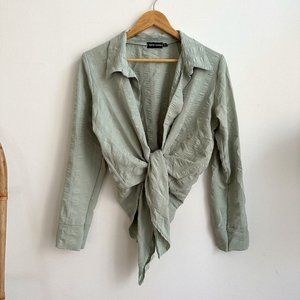 PRETTY LITTLE THING SAGE GREEN WRAP FRONT TIE BLOUSE LIGHT WEIGHT